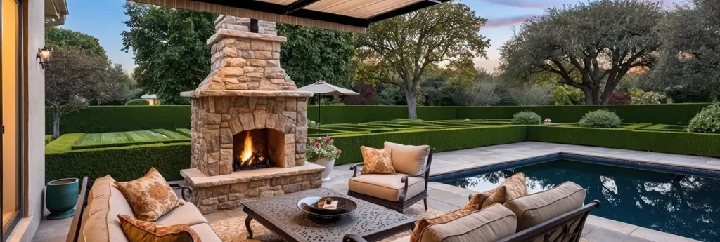 terrace with outdoor living featuring stone fireplace pool view