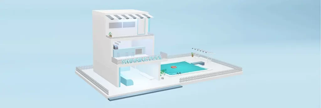 simulated-swimming-pool-three-storey-building-cartoon-model-blue-pastel-3d-illustration